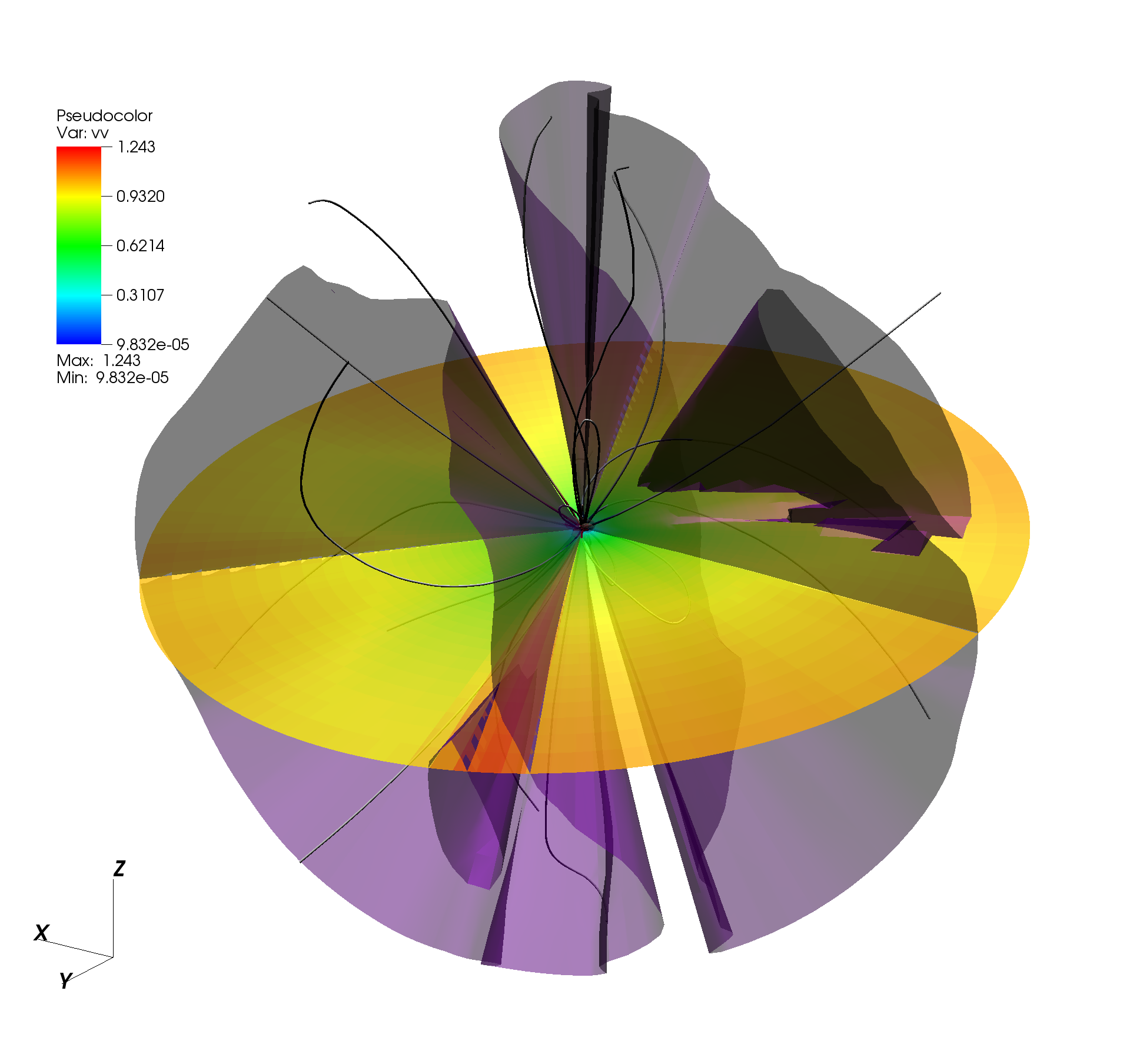 3D current sheet and wind velocity at solar maximum